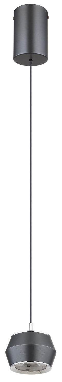 Profil du luminaire suspendu gris, abat-jour cylindrique et câble de suspension.
