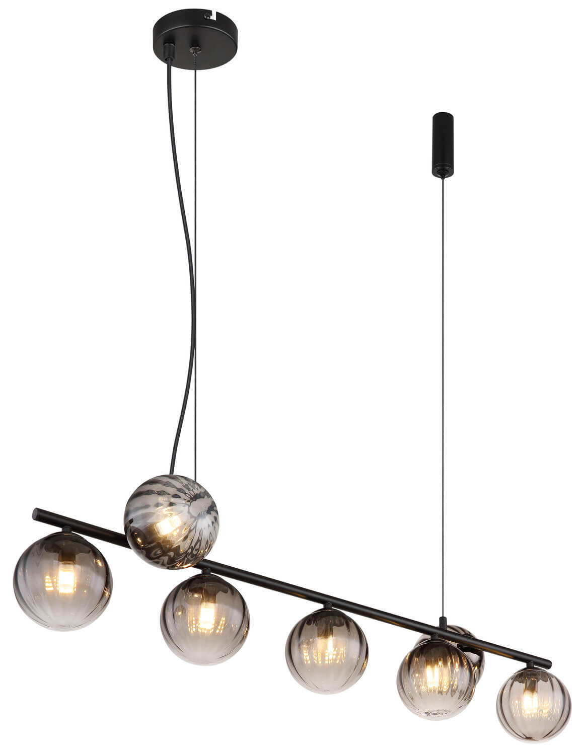 Suspension complète vue de trois quarts, barre noire et globes en verre fumé