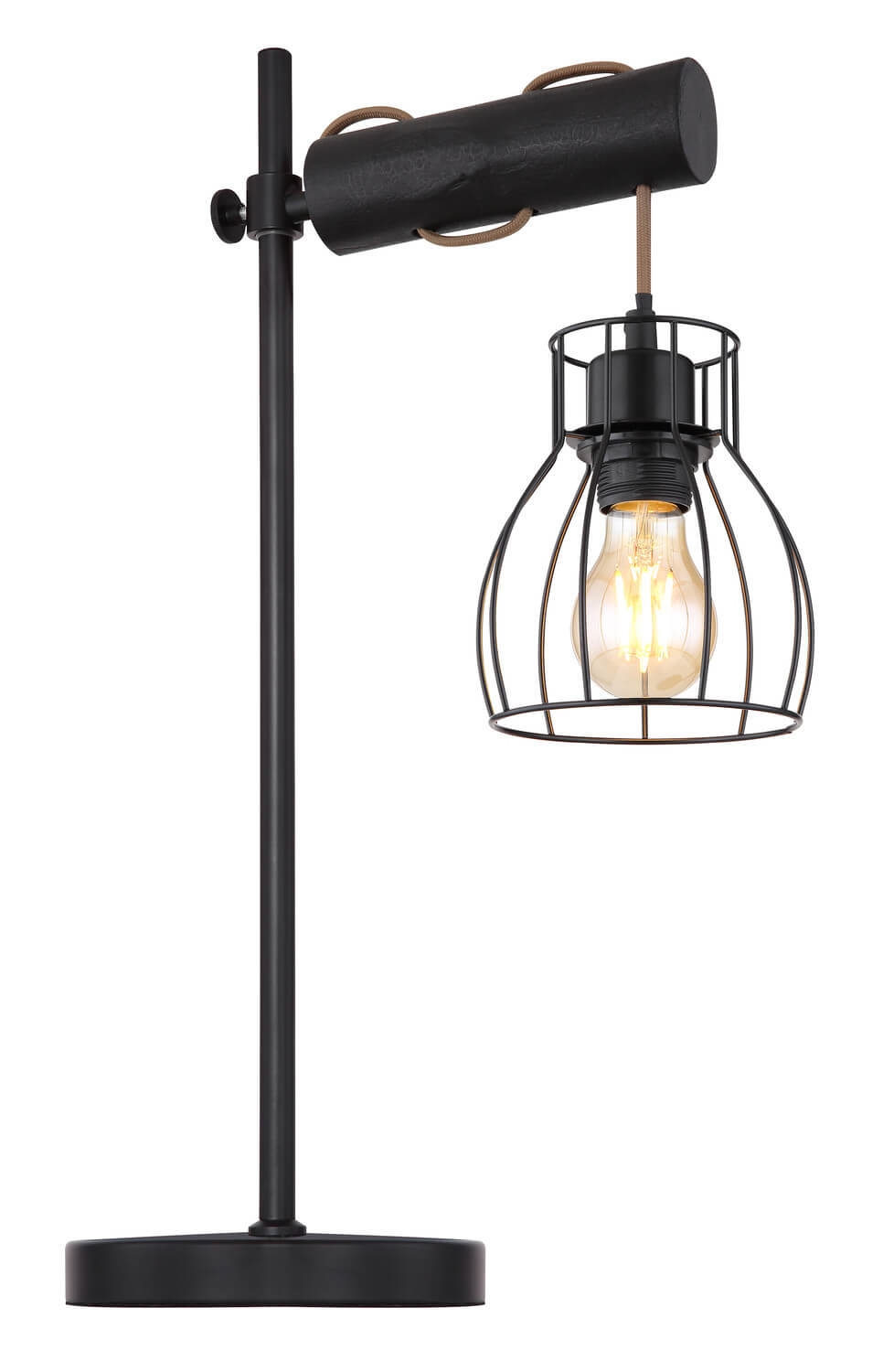 Vue de trois quarts du luminaire, pied réglable et cage métallique noire