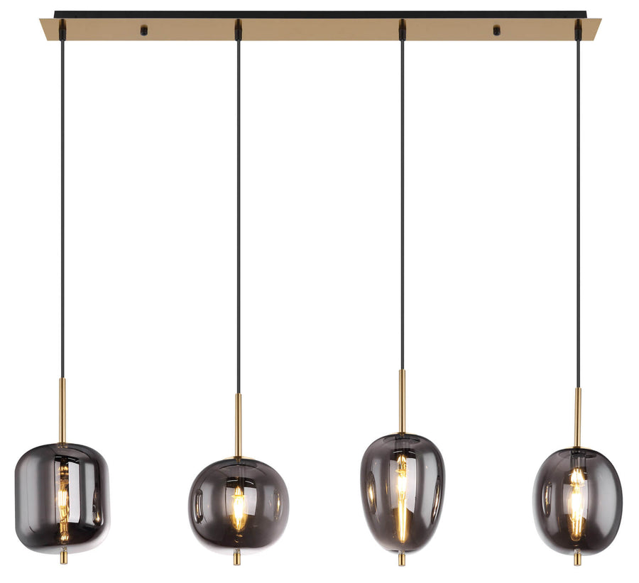 Vue d'ensemble du luminaire éteint, câbles noirs et détails laiton visibles sur fond blanc