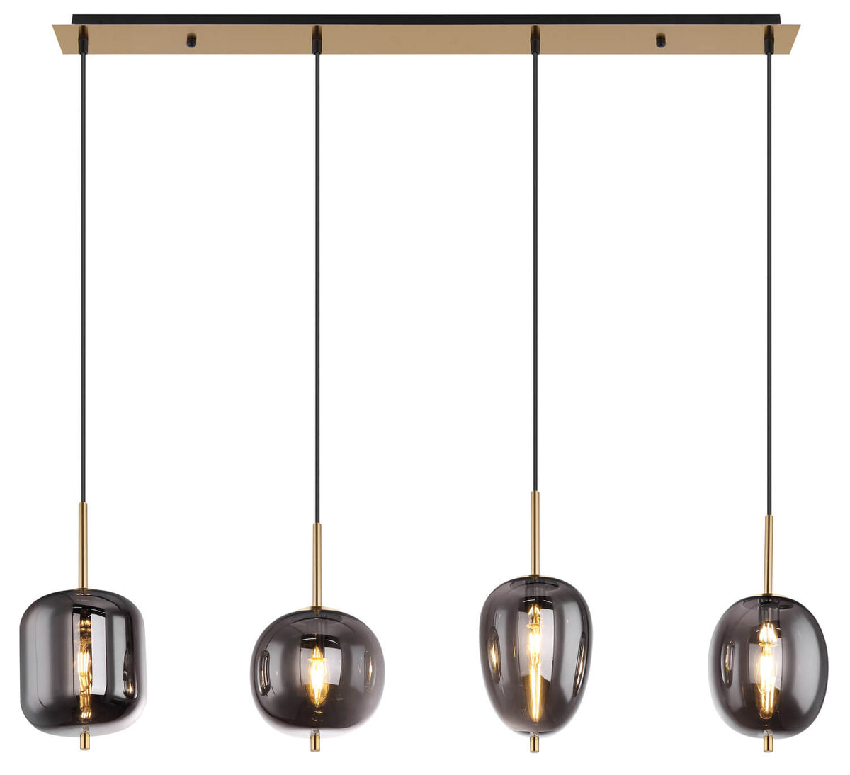 Vue d'ensemble du luminaire éteint, câbles noirs et détails laiton visibles sur fond blanc