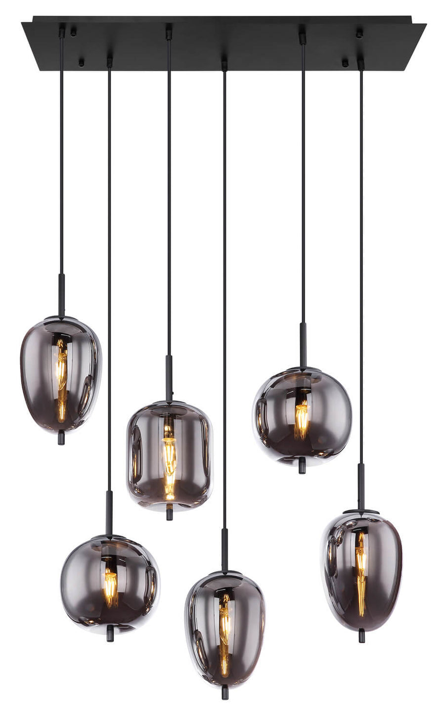 Vue du luminaire suspendu présentant ses six globes en verre fumé et sa structure noire.