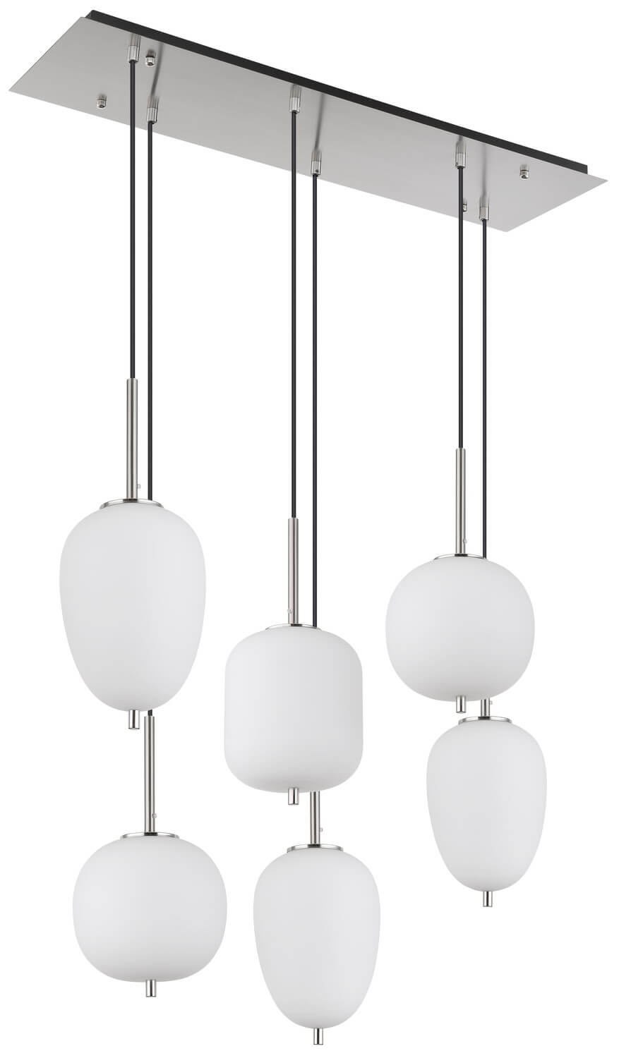 Détail des six globes lumineux blancs suspendus par des câbles fins sur platine