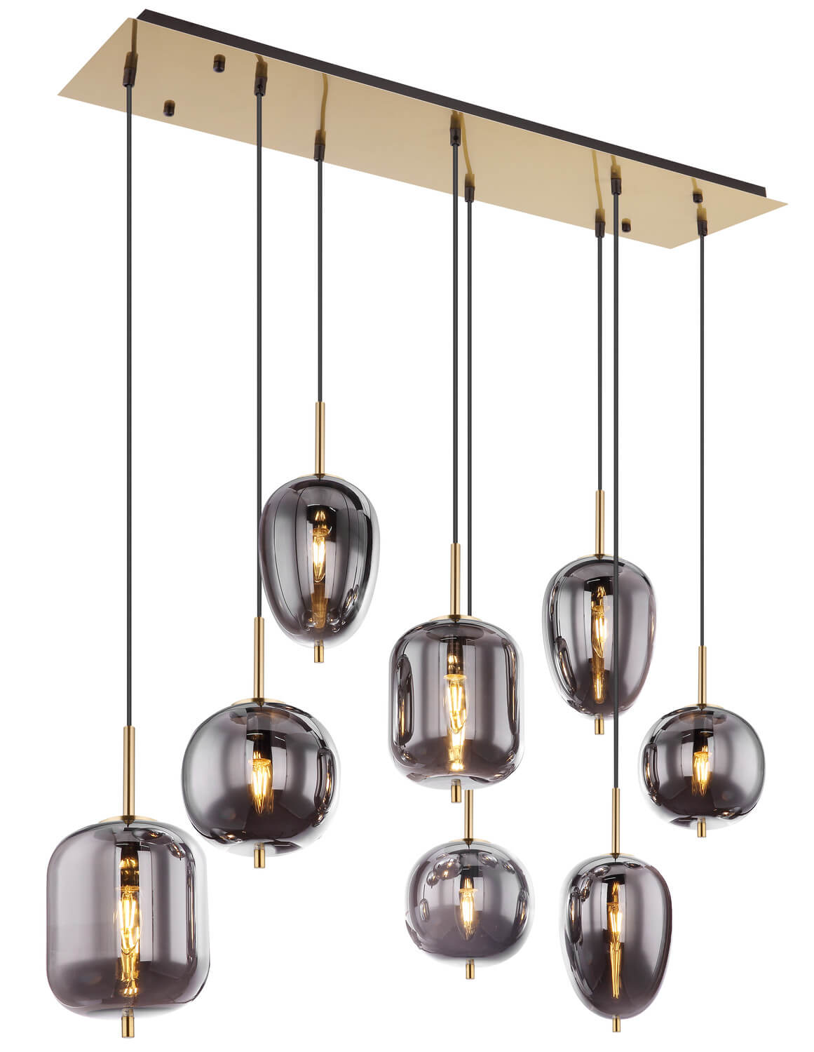 Vue de face du luminaire suspendu avec huit globes en verre fumé