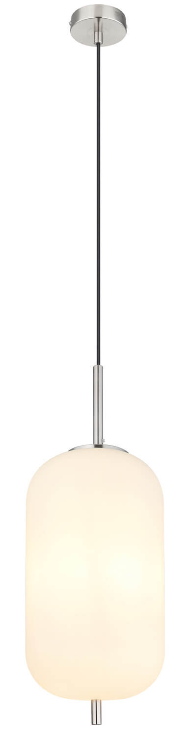 Vue de face du luminaire suspendu, abat-jour blanc et finitions nickel satiné
