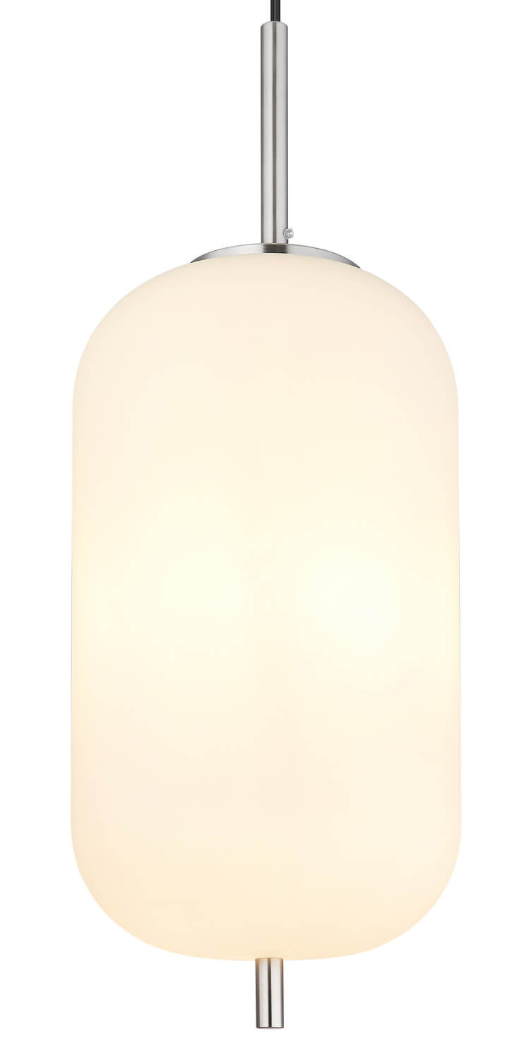 Détail rapproché de l'abat-jour cylindrique blanc et de sa tige métallique brossée