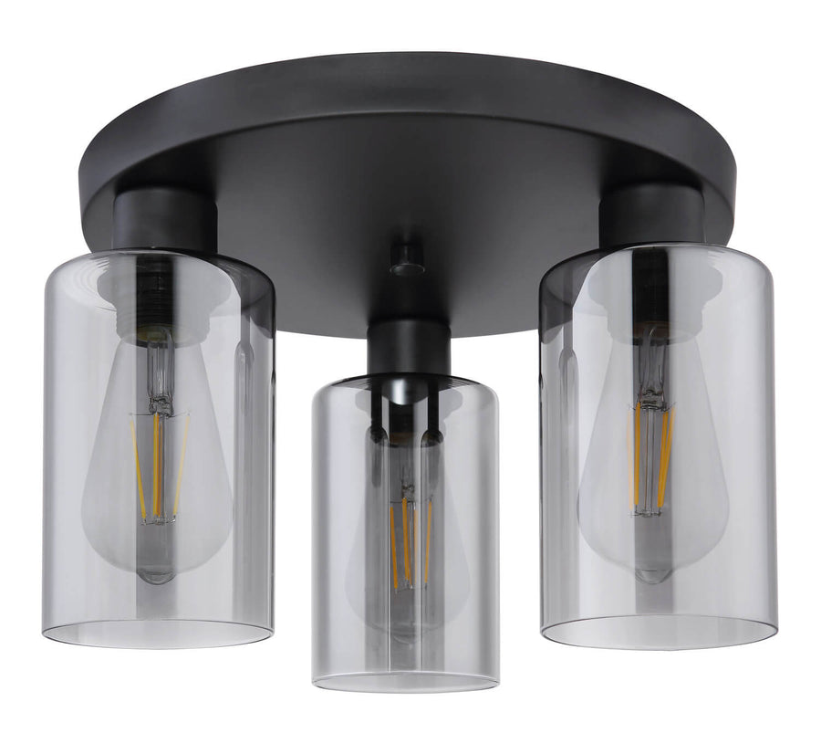 Vue de face du plafonnier, ampoules éteintes, verre transparent et structure noire