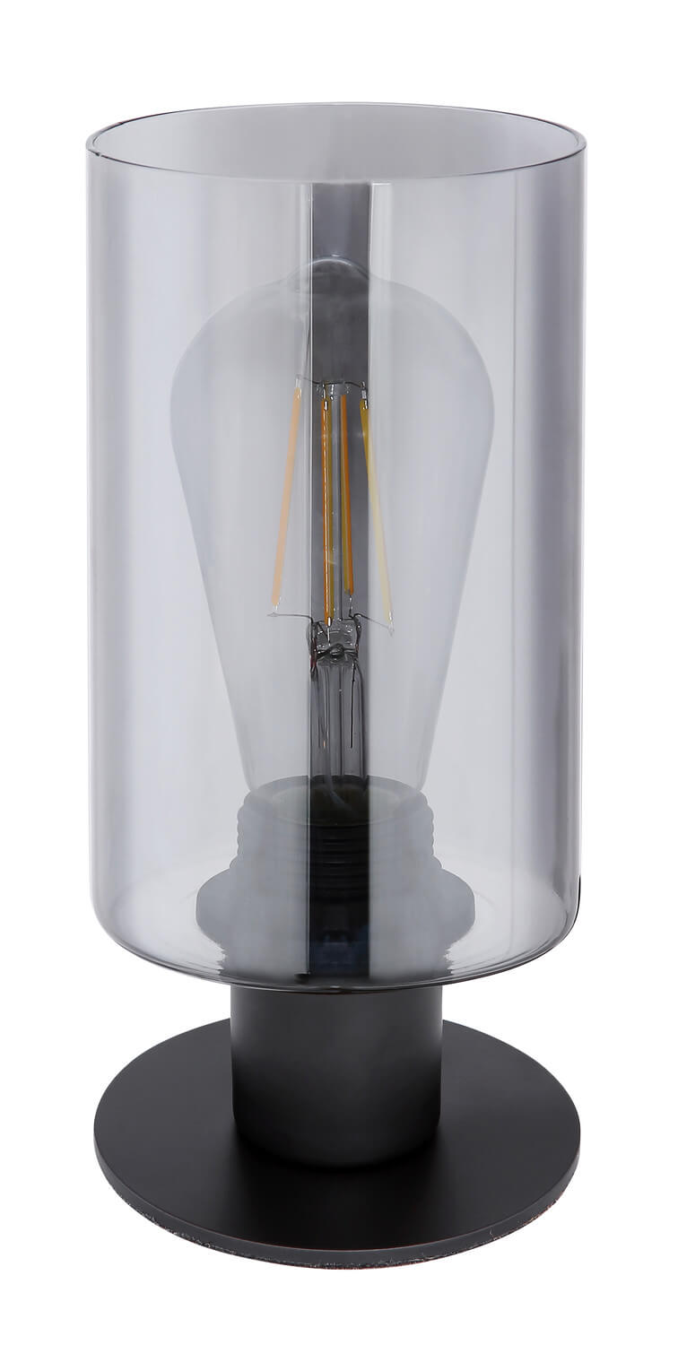 Vue de face du luminaire avec son abat-jour cylindrique et sa base ronde noire.