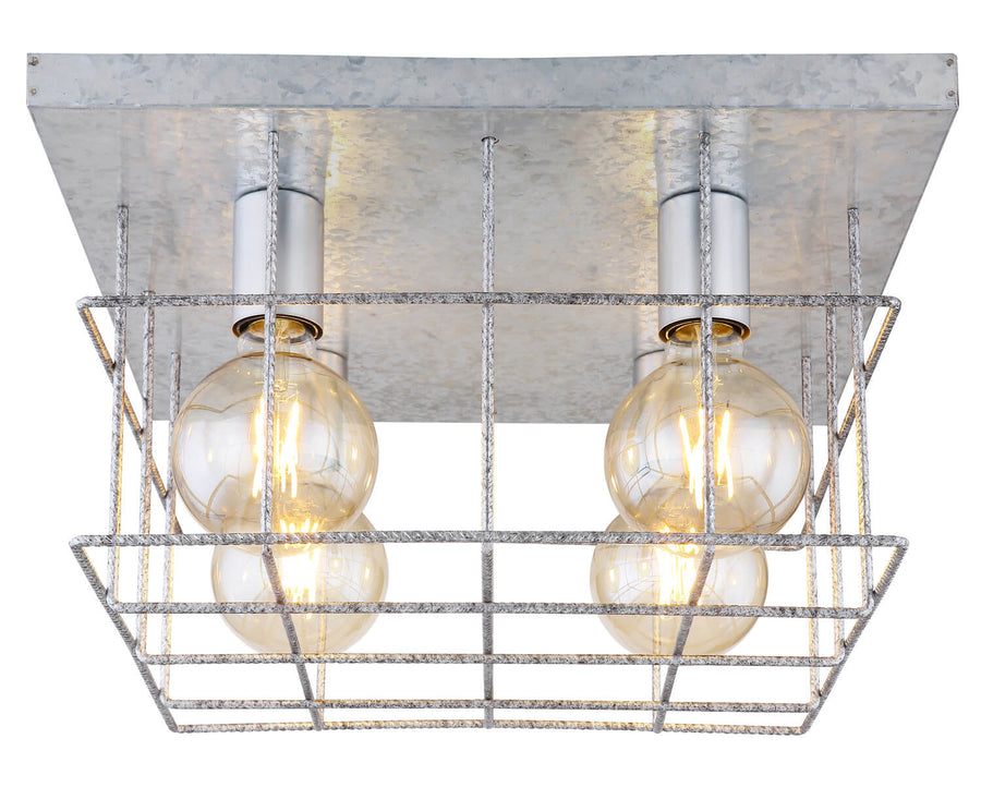 Vue de face détaillée du carré grillagé avec quatre ampoules à filament visibles