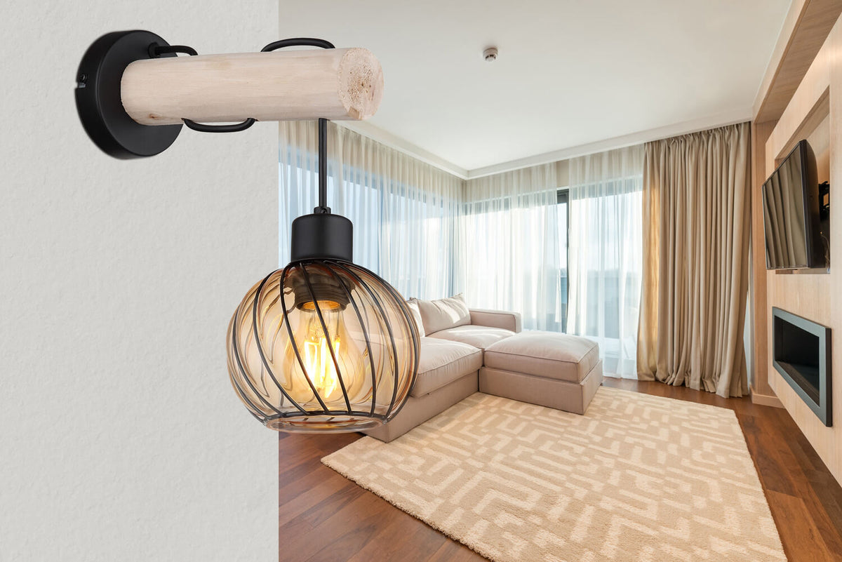 Luminaire mural allumé dans un salon moderne, près d'un canapé beige
