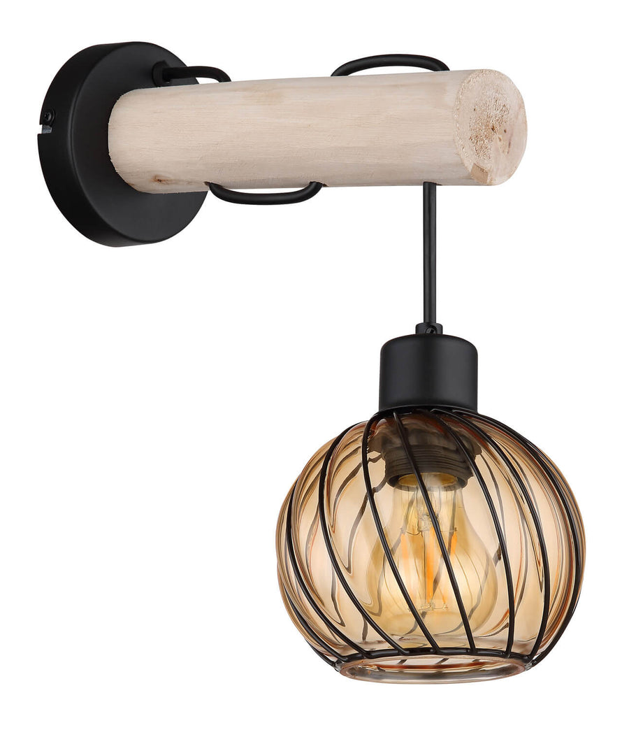 Luminaire mural présenté de trois quarts, avec support en bois et cage noire