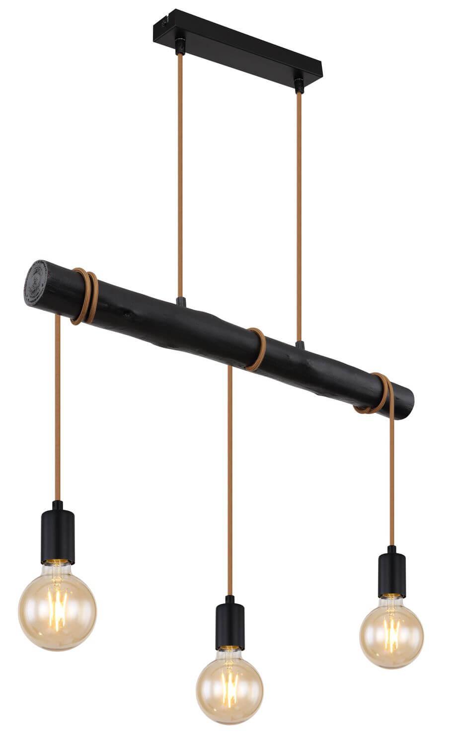 Vue produit agrandie du luminaire noir avec poutre centrale et cordons beiges