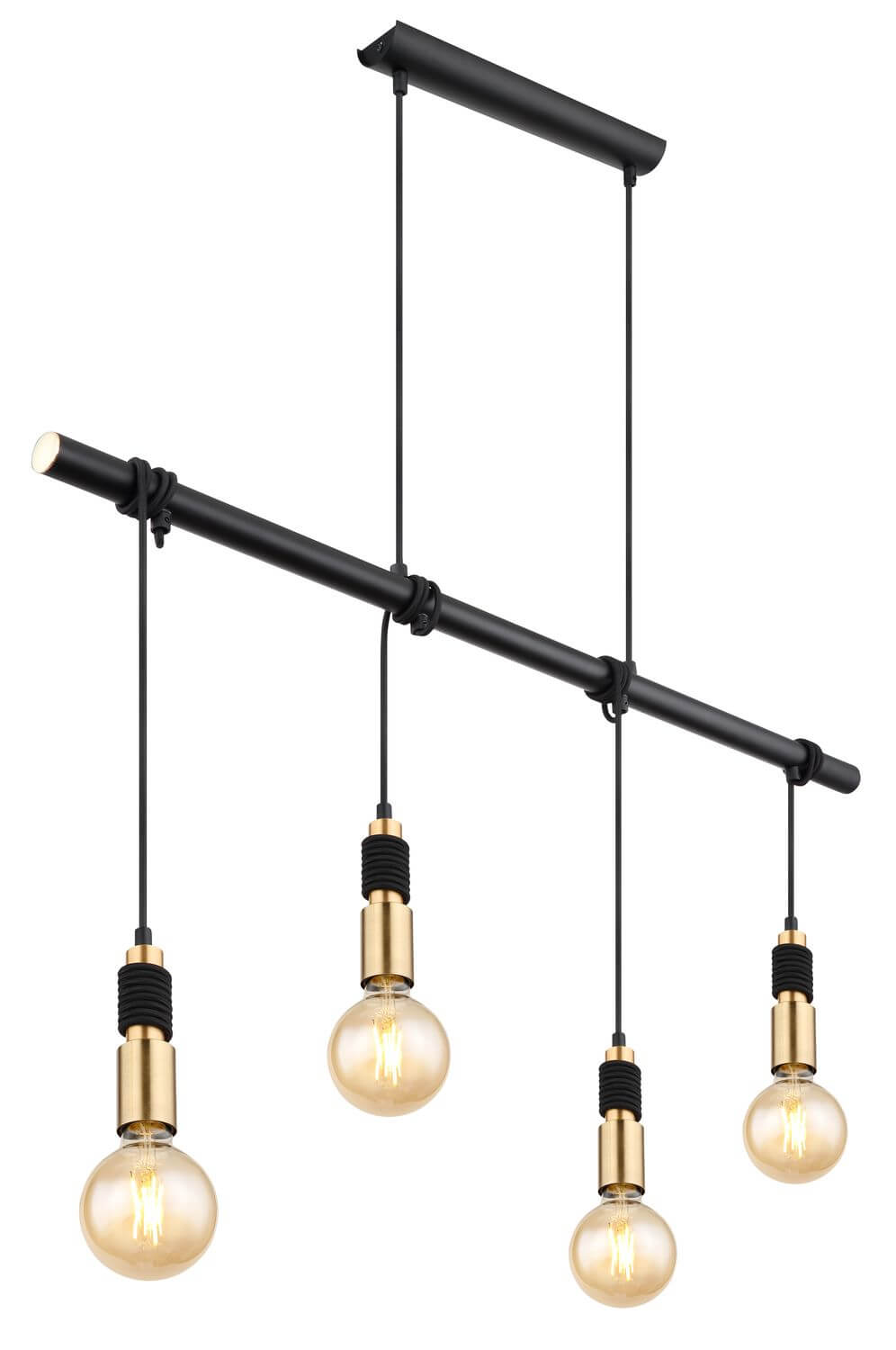 Vue de trois quarts du luminaire, structure tubulaire noire et douilles dorées apparentes