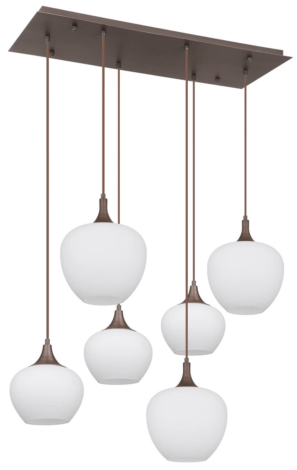 Vue de face des six globes en verre opalin éteints, finition marron bronze