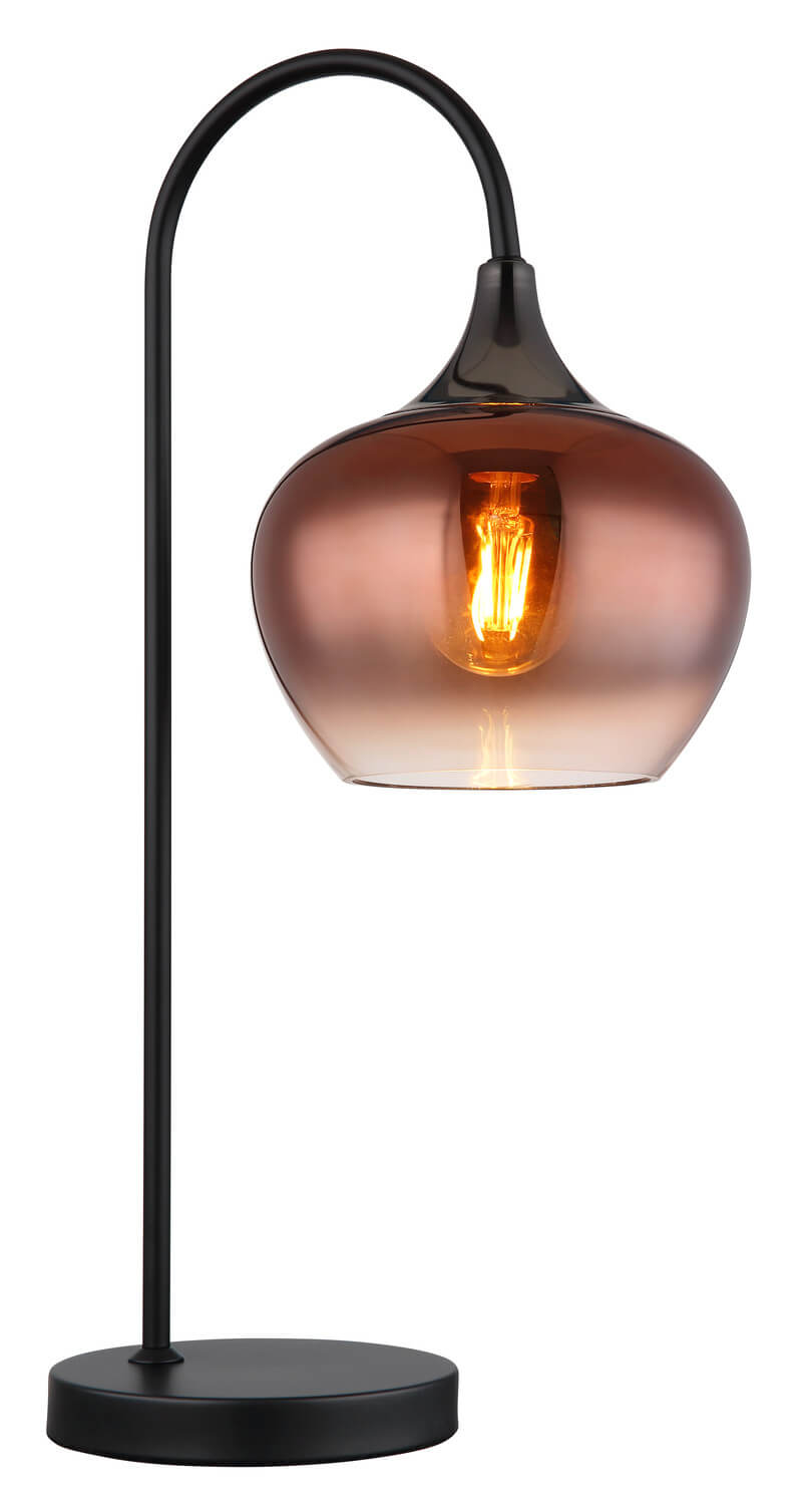 Gros plan sur l'abat-jour en verre fumé rose et l'ampoule à filament.