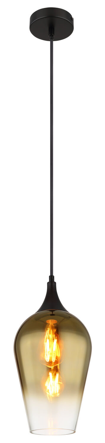 Luminaire suspendu vu de face sur fond blanc, verre fumé et câble noir