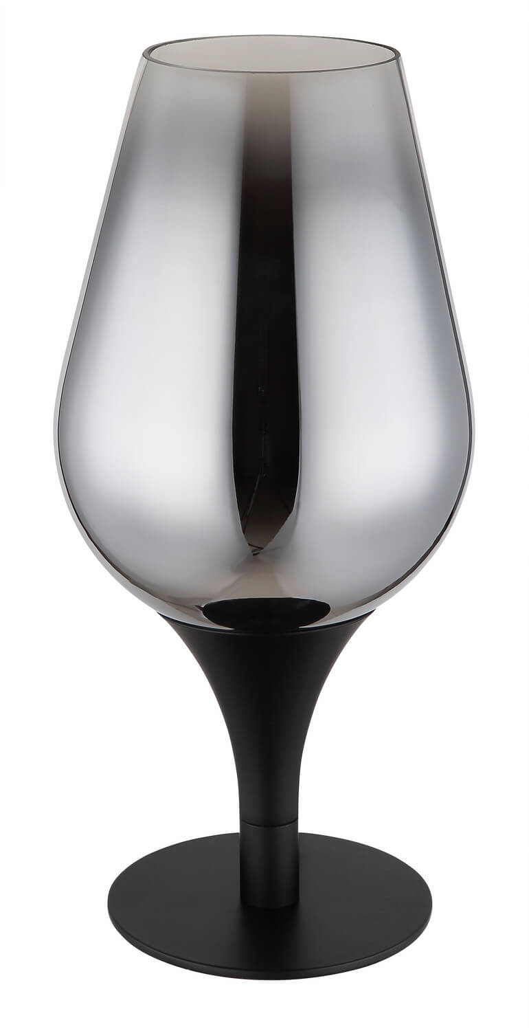 Vue détaillée de la lampe noire mat, abat-jour en verre fumé, ampoule éteinte.