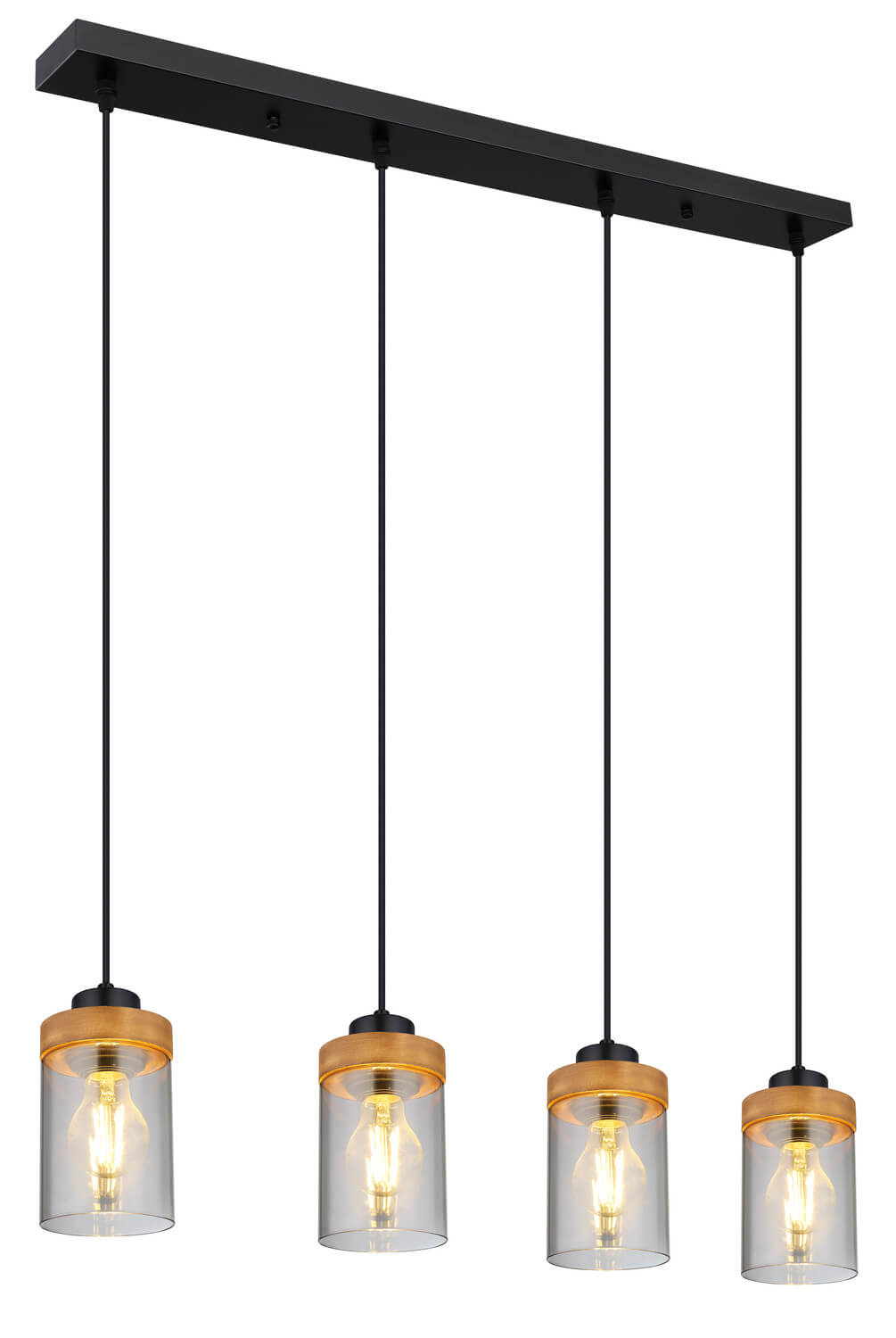 Vue d'ensemble du luminaire suspendu avec ses longs câbles noirs et abat-jours alignés
