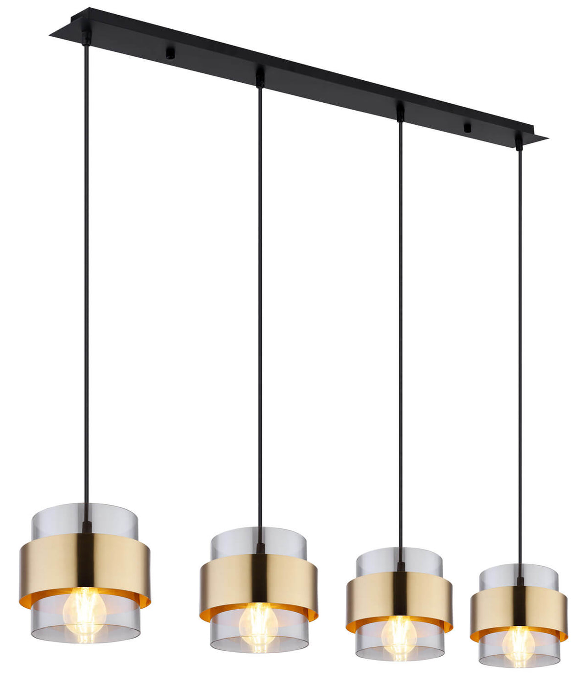 Vue de face du luminaire à quatre suspensions cylindriques noires et dorées alignées