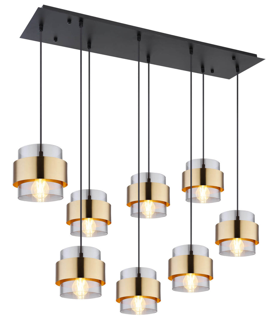 Suspension noire à neuf cylindres dorés suspendus sous un grand plateau rectangulaire noir