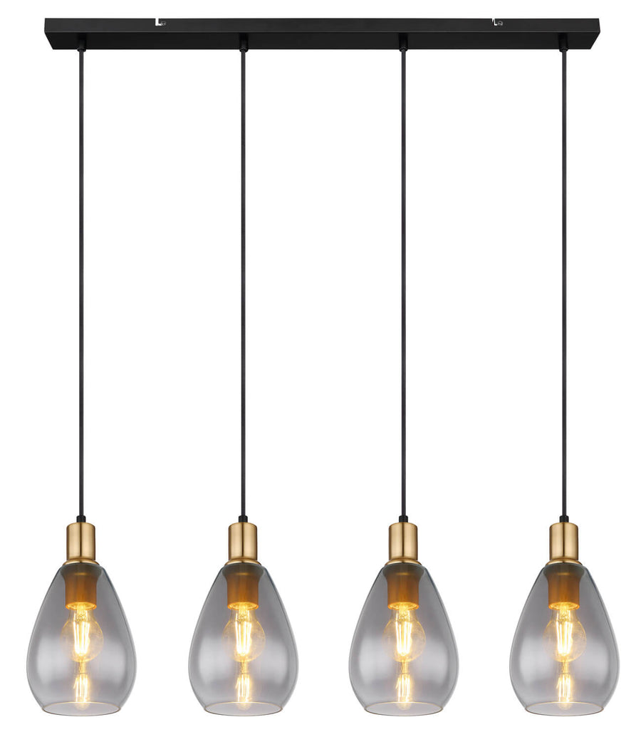 Vue de face de la suspension linéaire noire, quatre abat-jours en verre transparent alignés.