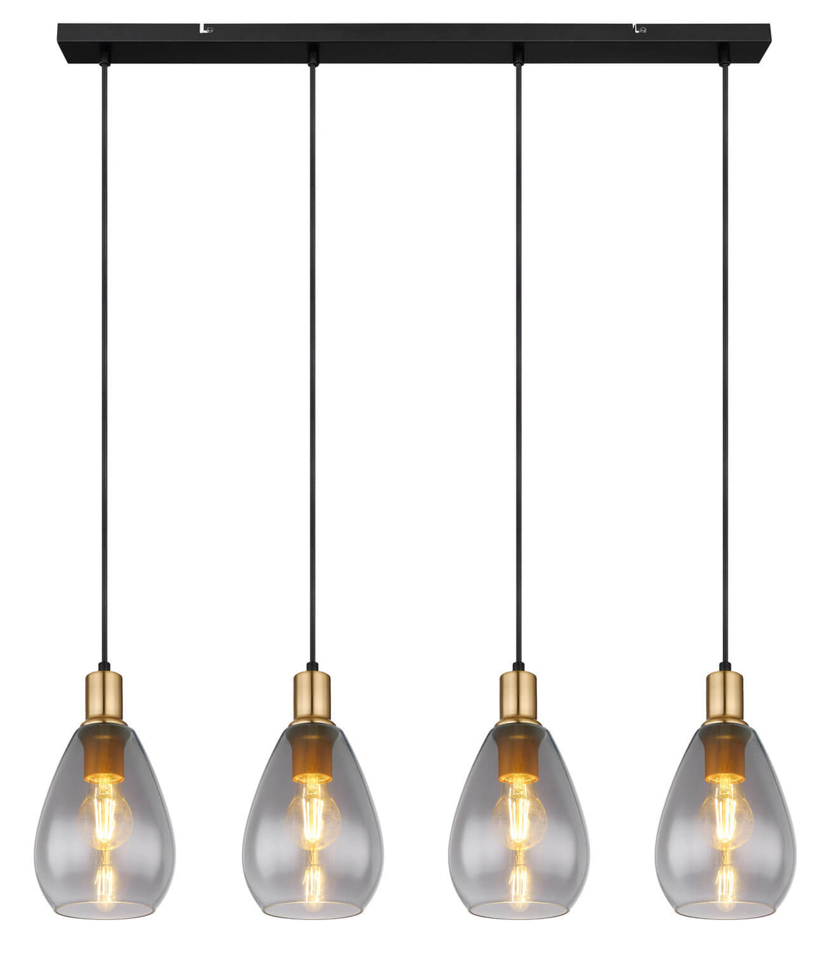 Vue de face de la suspension linéaire noire, quatre abat-jours en verre transparent alignés.