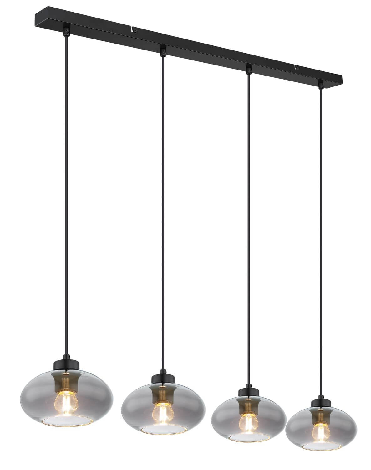 Suspension complète vue de face, barre noire et quatre globes en verre fumé