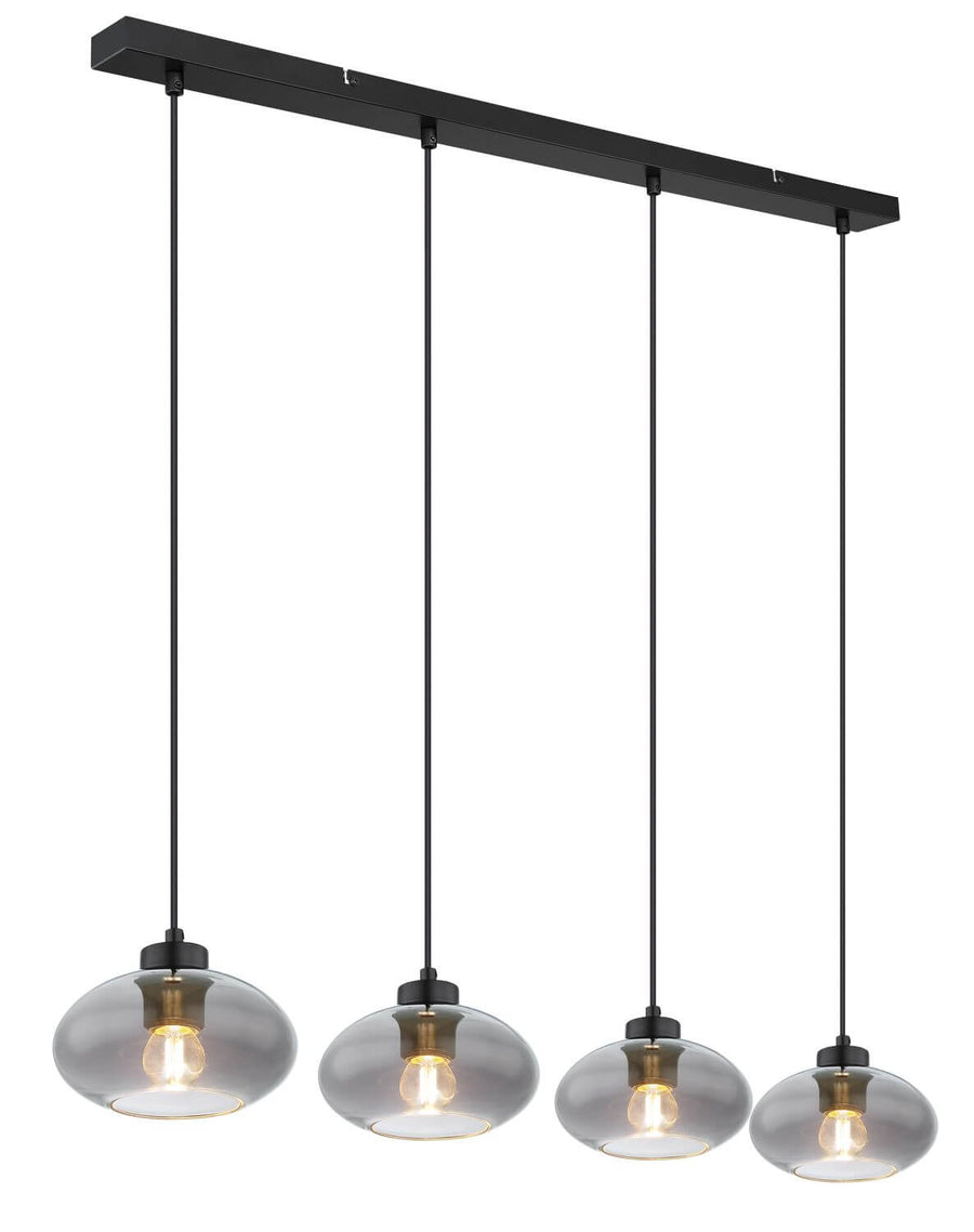 Suspension complète vue de face, barre noire et quatre globes en verre fumé
