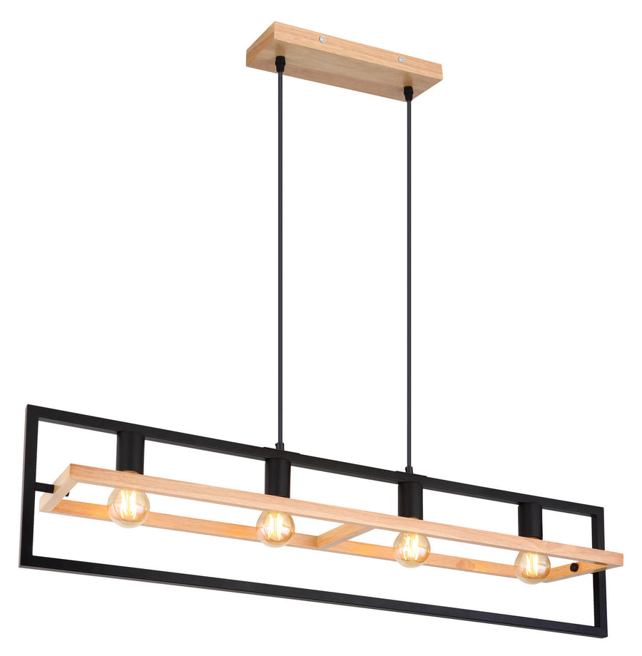 Suspension rectangulaire en métal noir et bois clair avec quatre ampoules visibles.