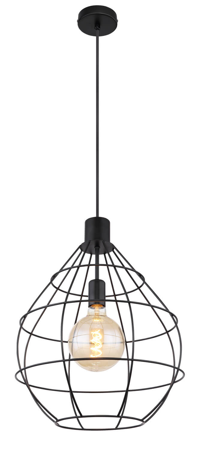 Vue de face du luminaire suspendu, cage métallique noire et câble réglable