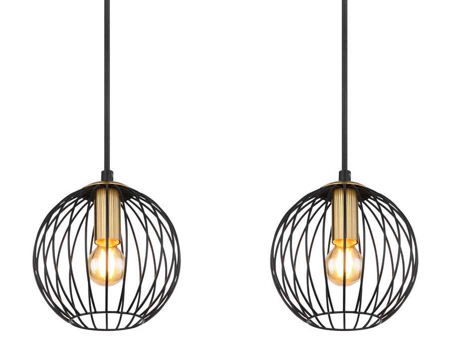 Gros plan sur deux cages sphériques noires, douilles dorées et ampoules Edison allumées.