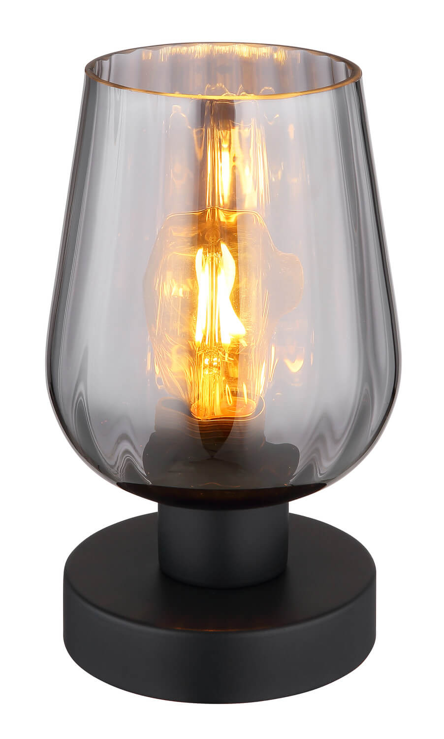 Gros plan sur l'abat-jour en verre fumé et l'ampoule à filament doré