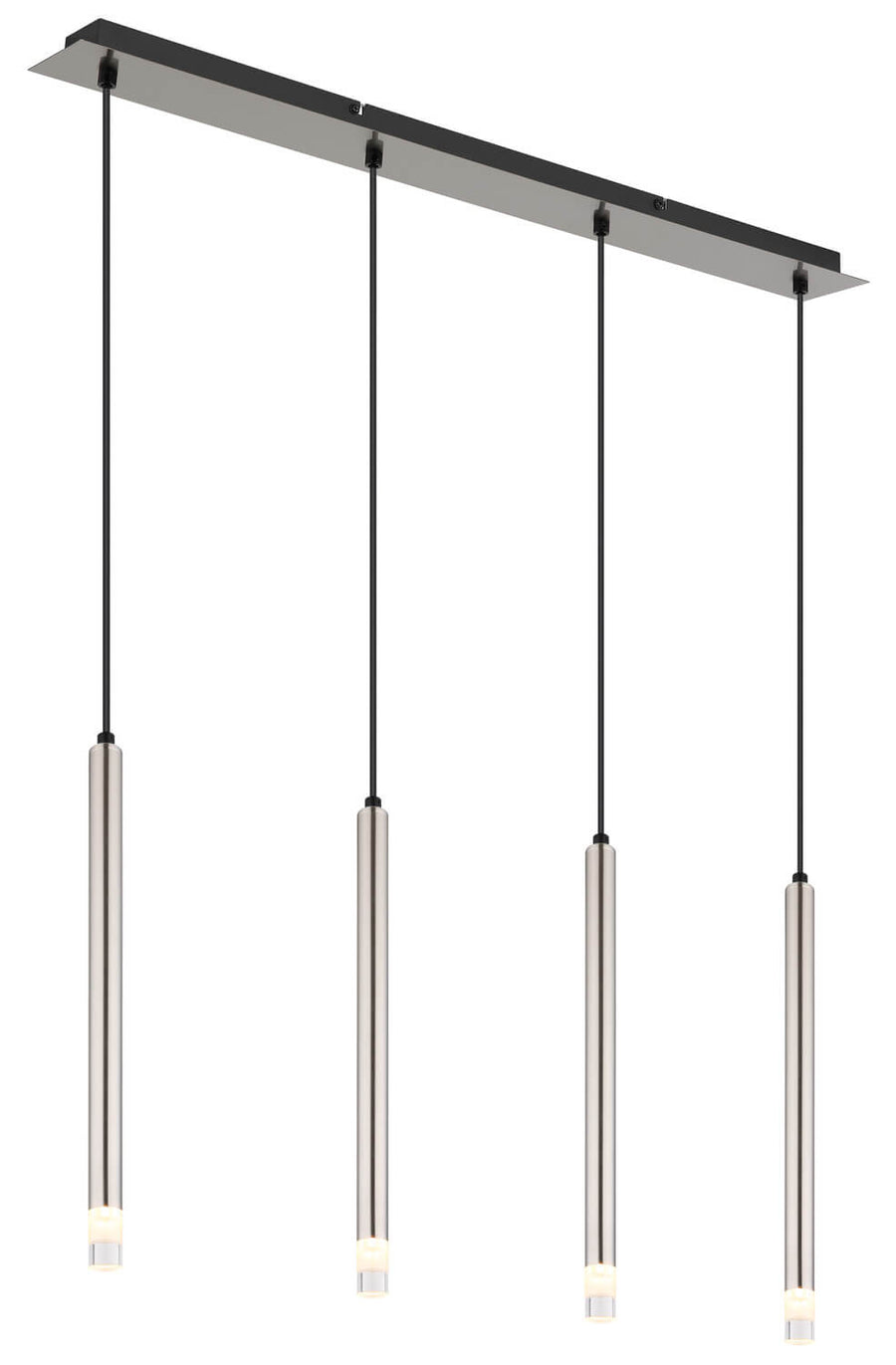 Vue de face du luminaire avec ses quatre tubes cylindriques suspendus sous un support allongé