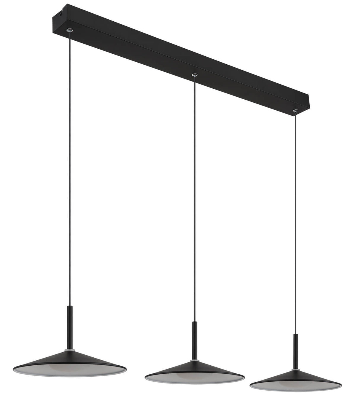 Vue rapprochée de la suspension noire mate, trois abat-jours coniques et câbles fins sur fond blanc.