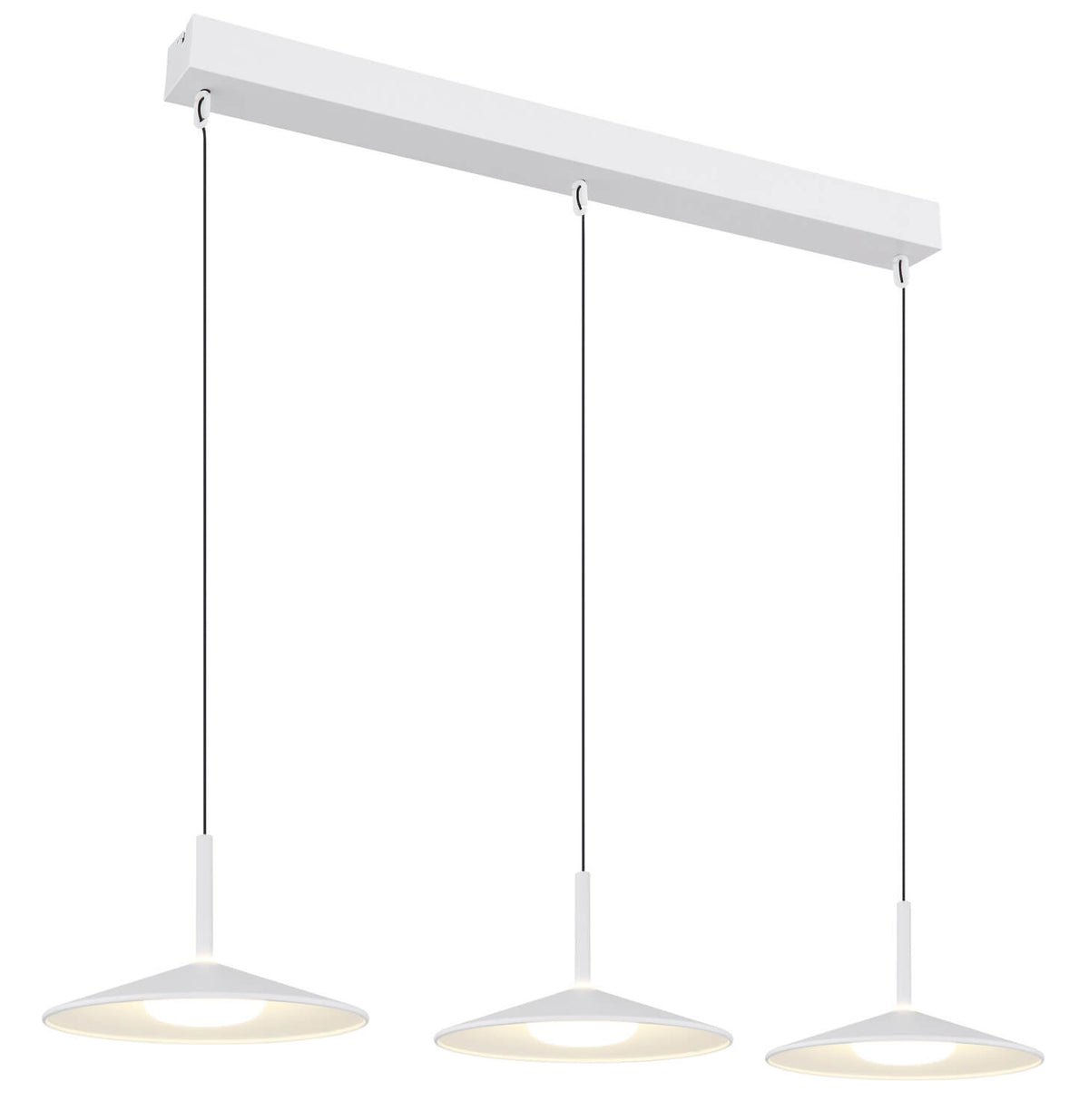 Suspension blanche à trois abat-jours coniques suspendus sous un rail rectangulaire