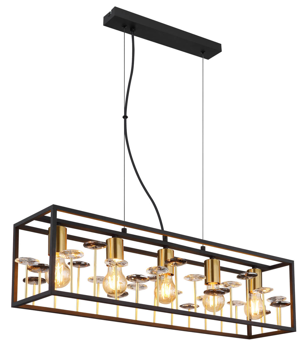 Suspension noire mat rectangulaire avec douilles dorées et disques en cristal, sur fond blanc.