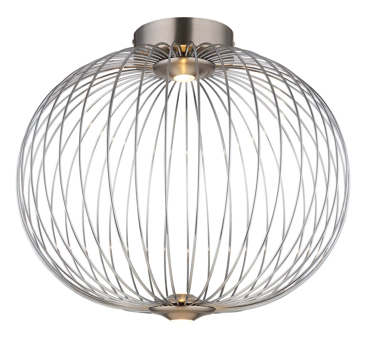 Plafonnier sphérique en fil métallique nickel satiné, luminaire allumé sur fond blanc.