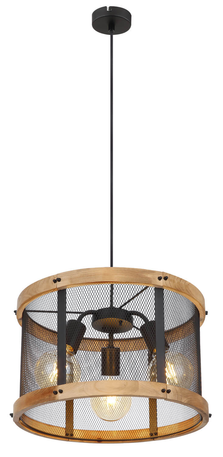 Autre vue du luminaire suspendu, mettant en valeur le câble et la structure cylindrique.
