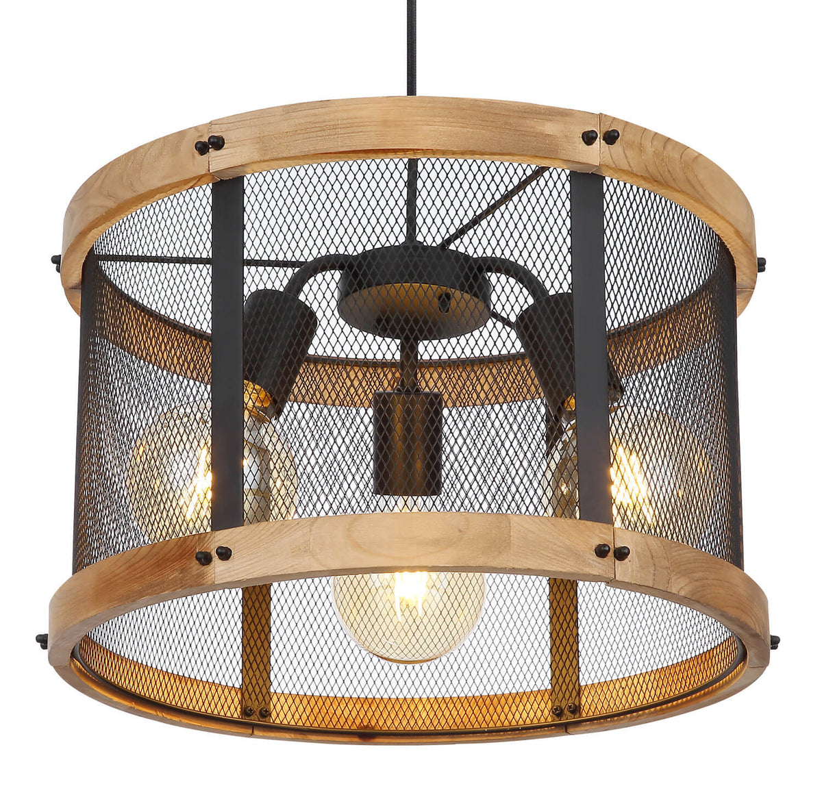 Gros plan sur l'intérieur du luminaire : douilles noires, ampoules et grille métallique.