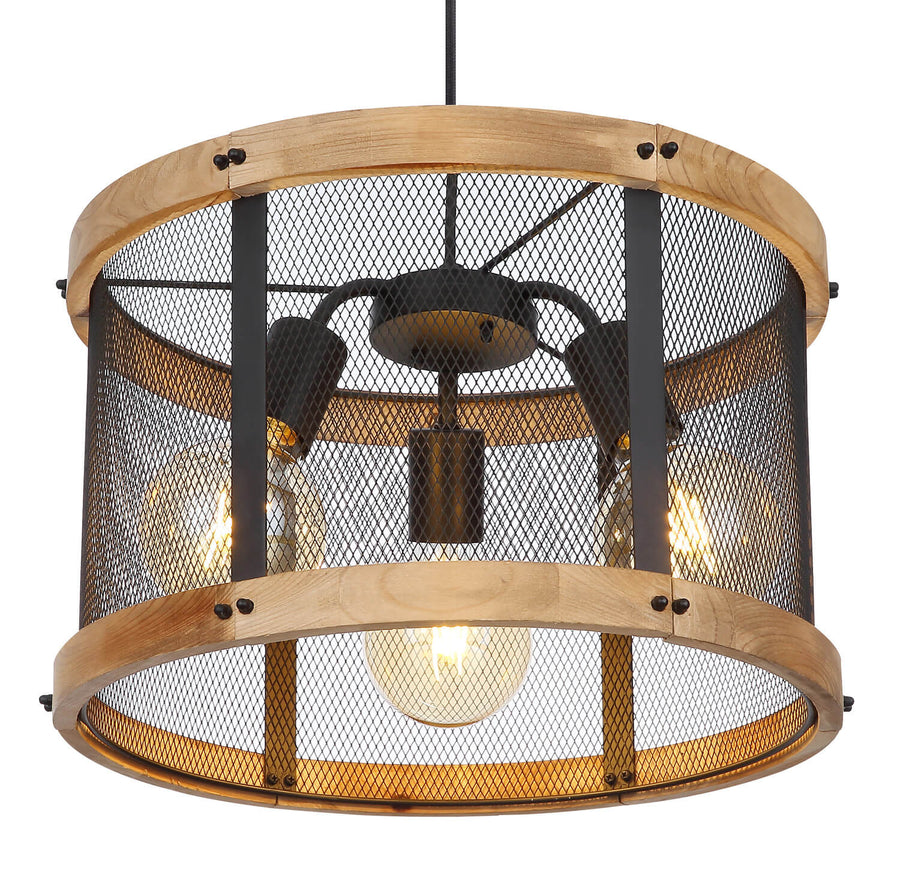 Gros plan sur l'intérieur du luminaire : douilles noires, ampoules et grille métallique.
