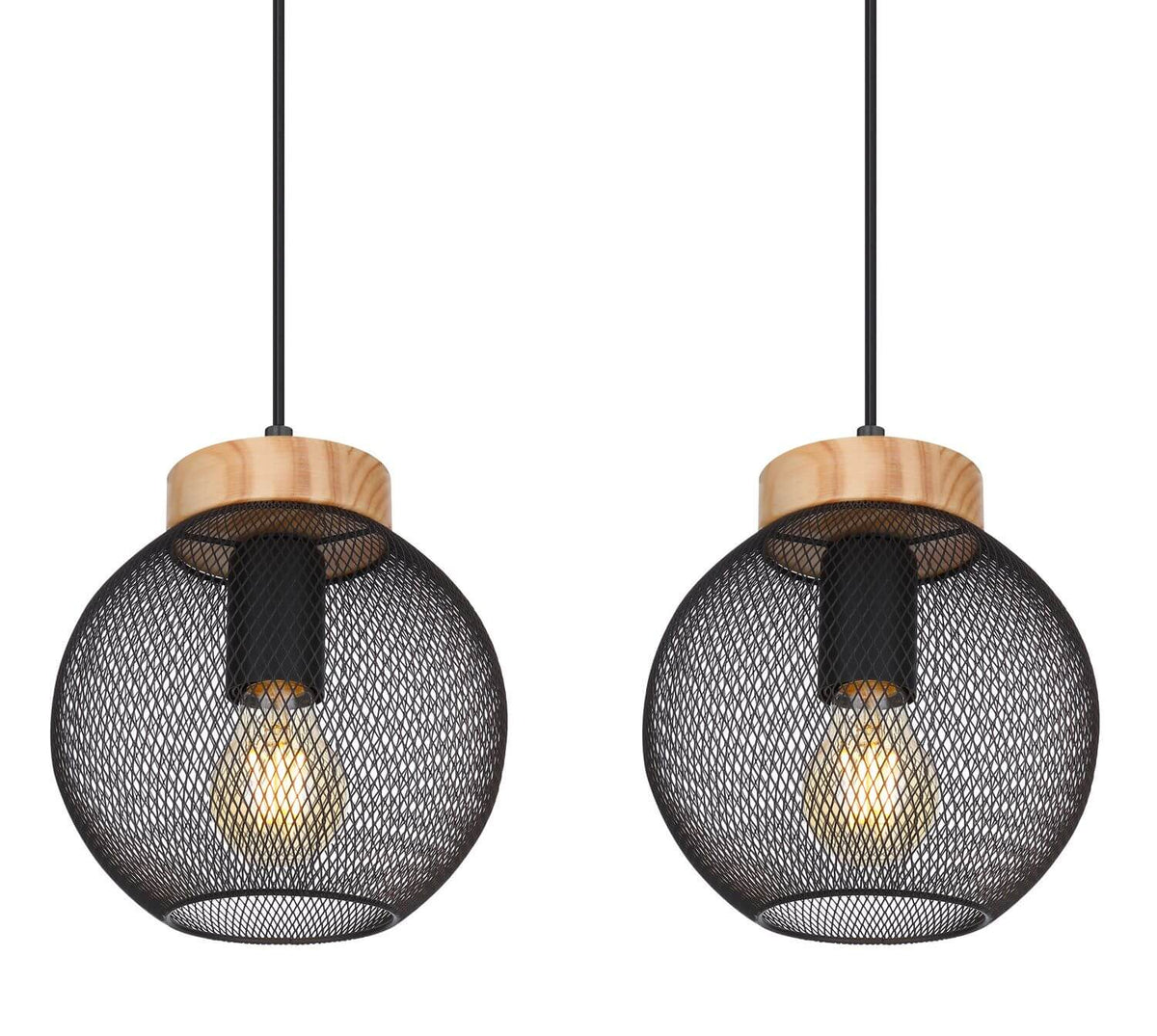 Détail rapproché de deux globes en maille noire avec embase en bois clair