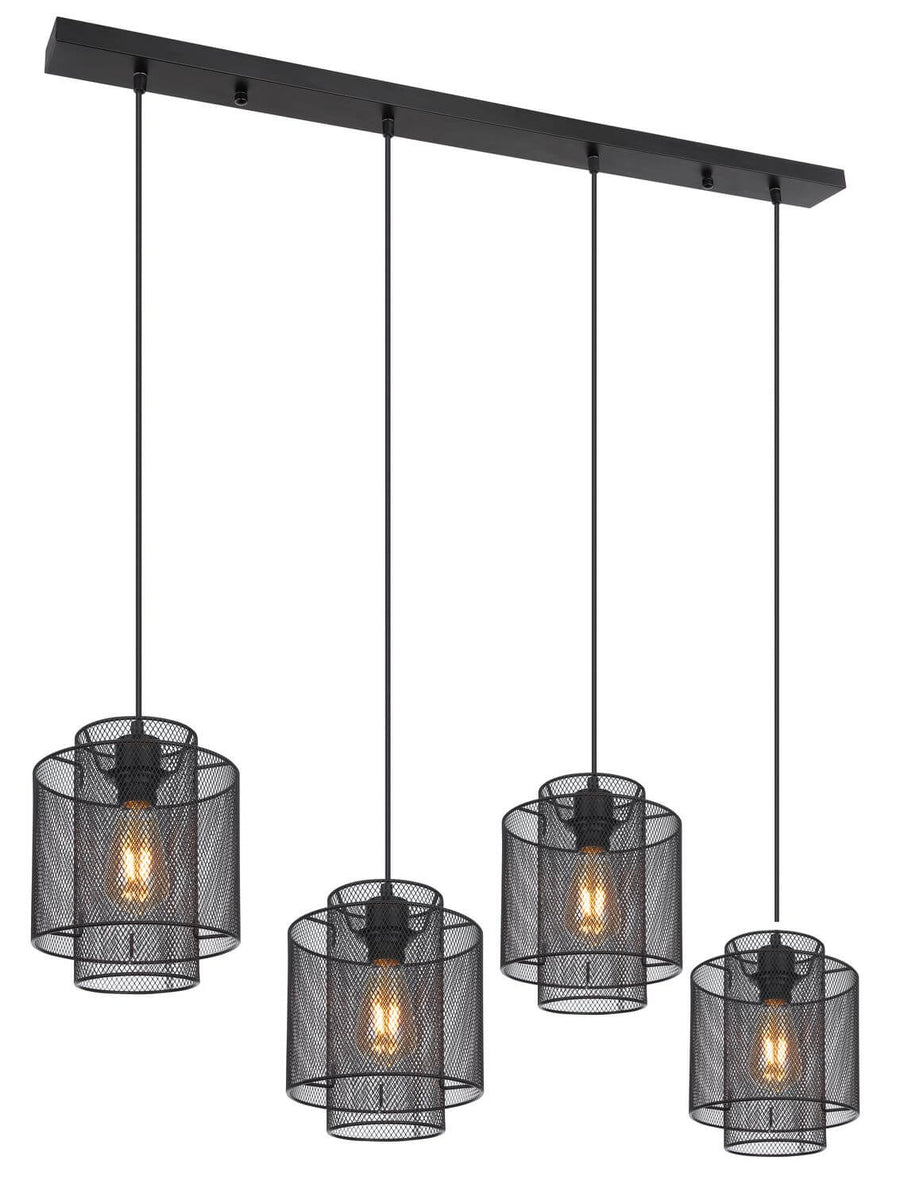 Suspension noire à quatre abat-jours cylindriques en grille métallique, fond blanc