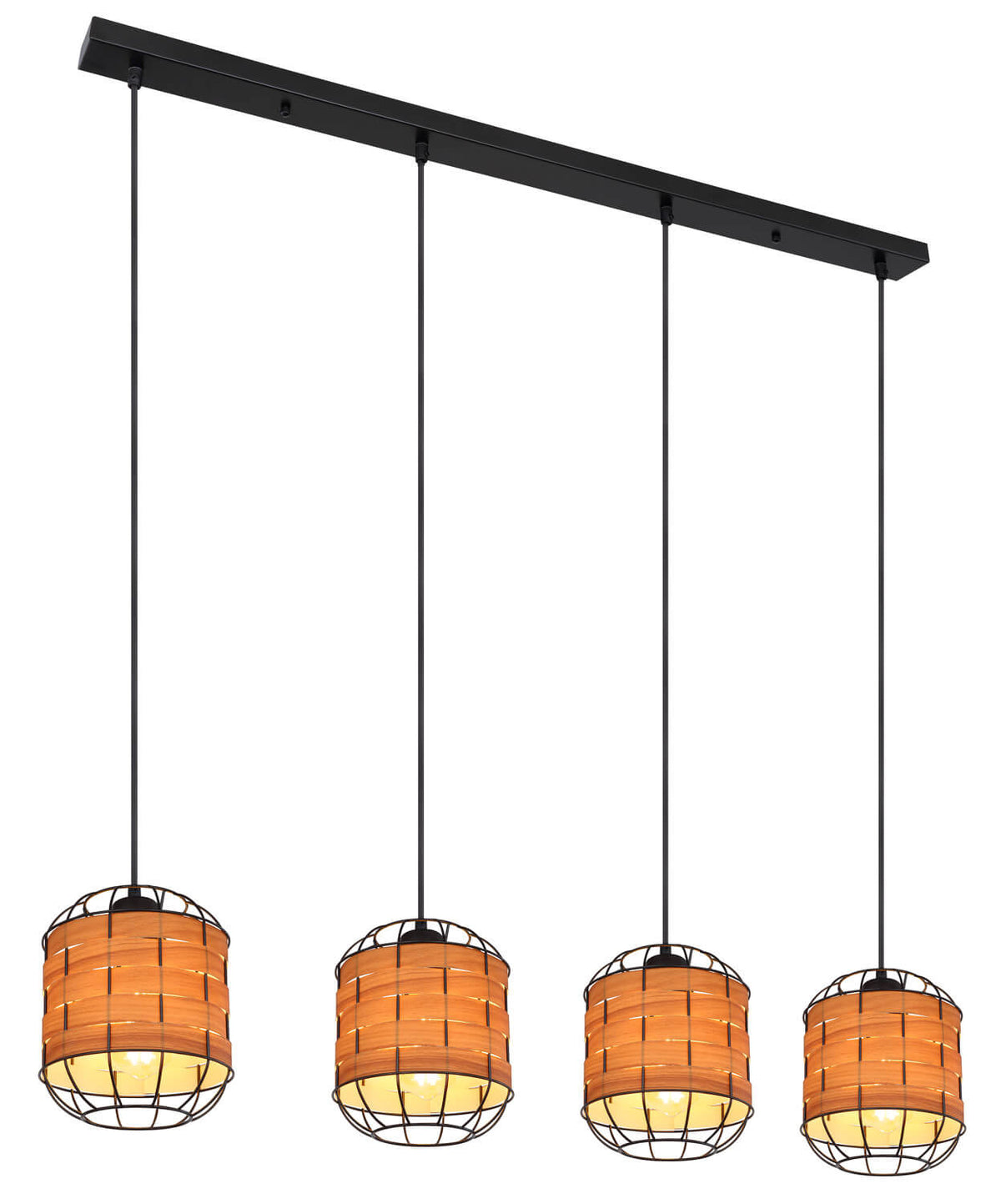 Suspension linéaire noire avec quatre abat-jours cylindriques en cage et bois tressé, allumée.