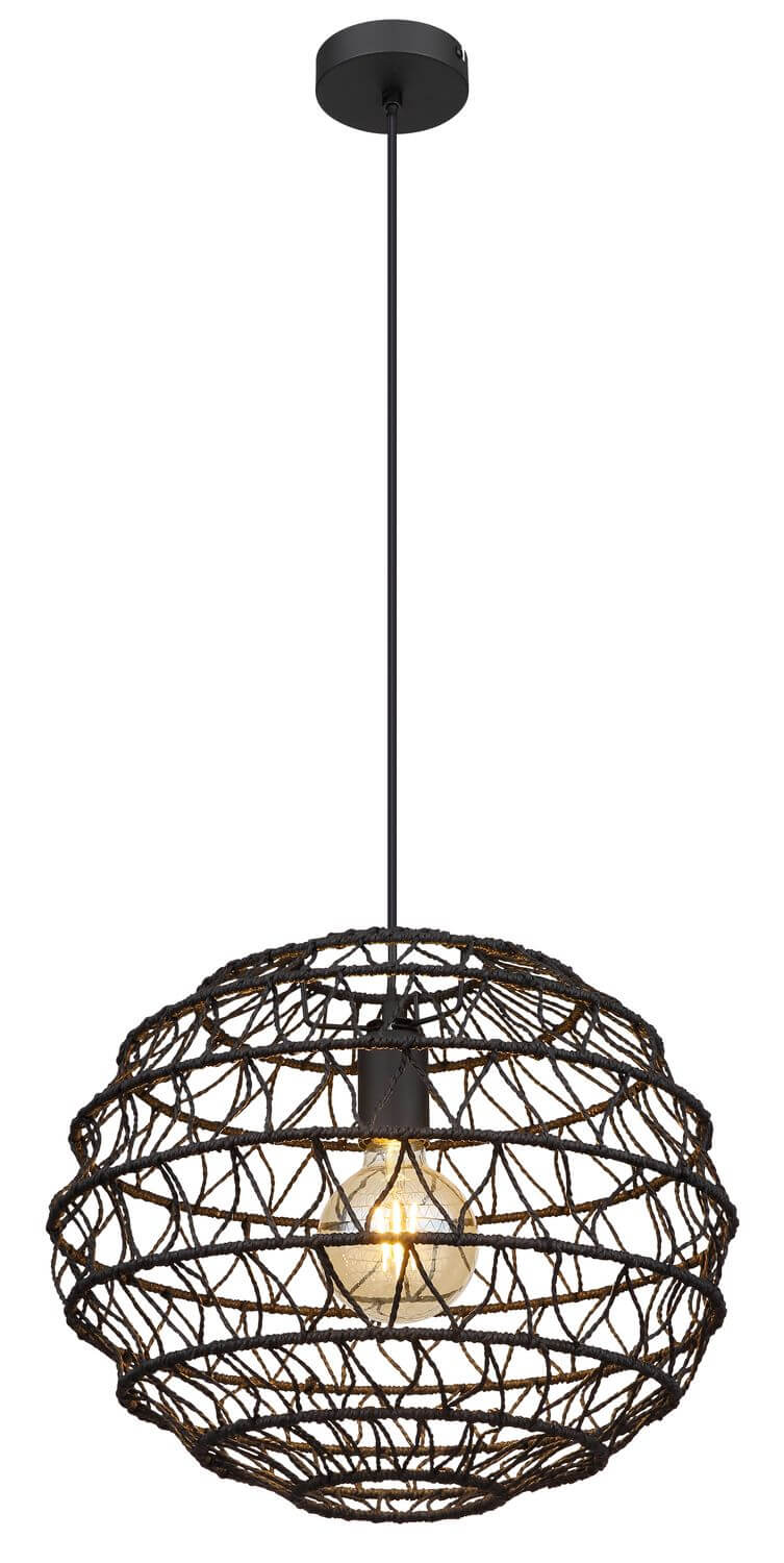 Vue de face entière du luminaire suspendu avec câble et rosace de plafond noirs