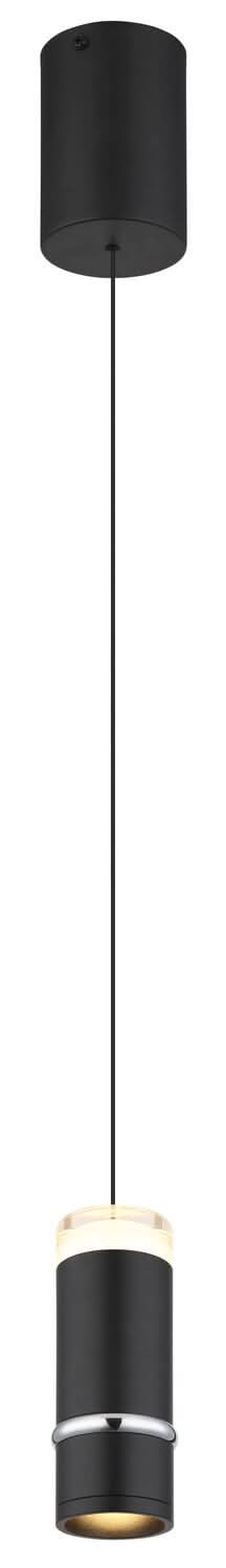 Vue de profil du luminaire suspendu noir mat avec câble, diffuseur supérieur et anneau chromé.