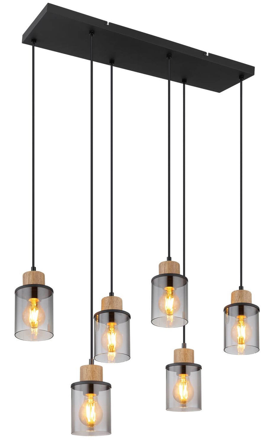 Vue de trois quarts du luminaire, trois abat-jours en verre fumé suspendus