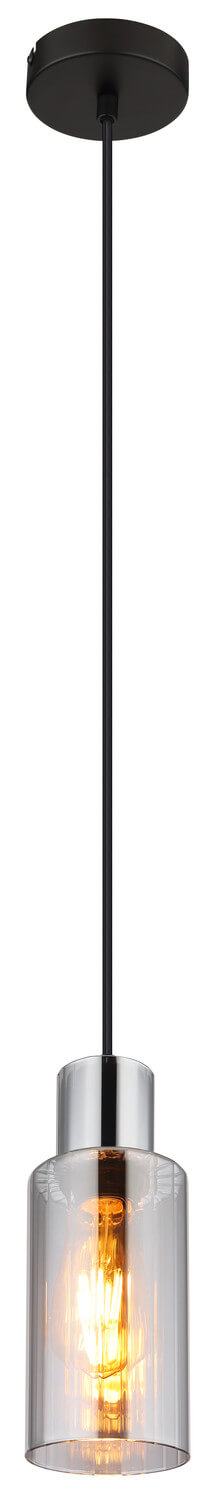 Plan large sur la suspension noire, câble fin et diffuseur cylindrique transparent.