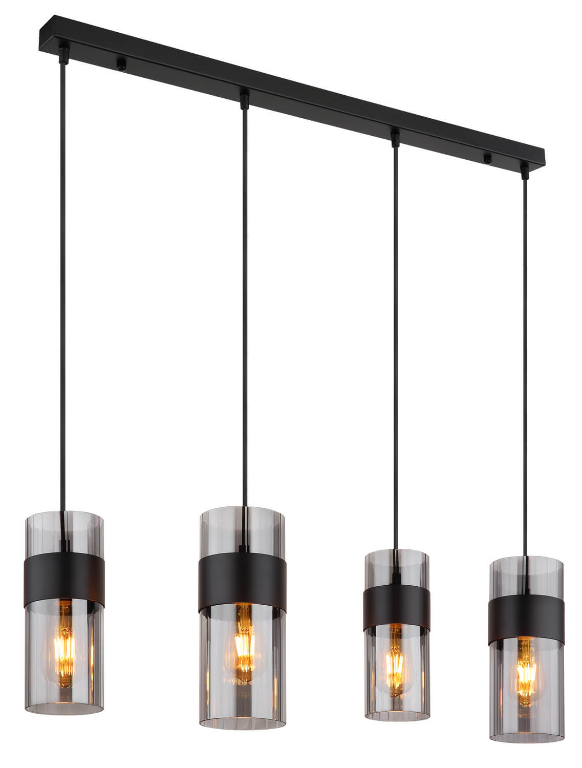 Luminaire suspendu noir à quatre cylindres de verre fumé, vue de face sur fond blanc
