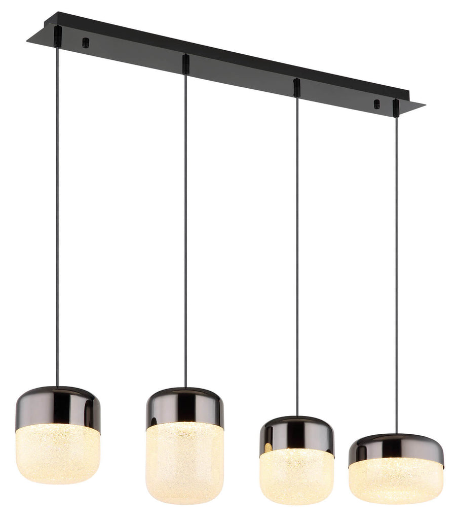 Suspension quatre lumières vue de face, diffuseurs cylindriques allumés sous une barre anthracite