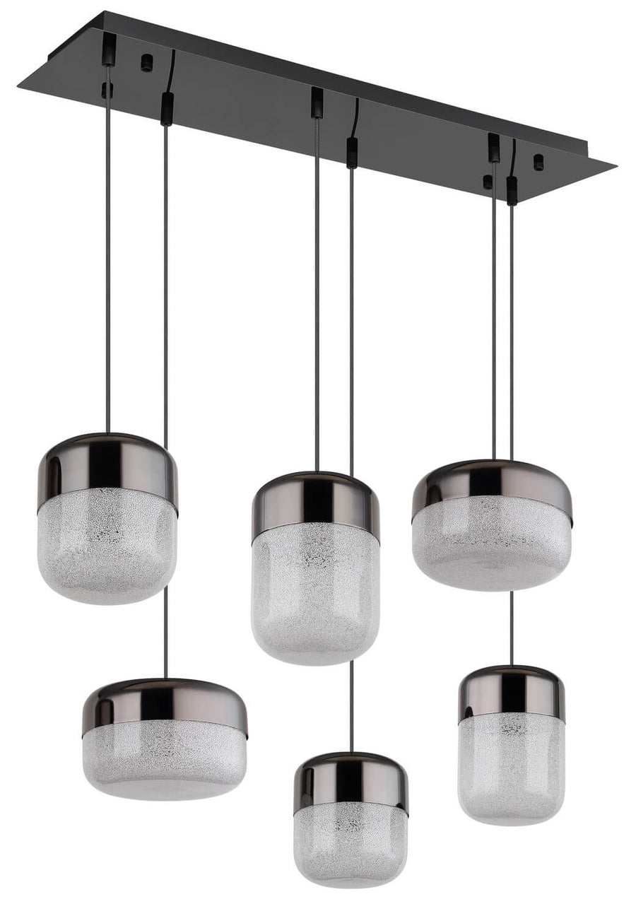 Suspension éteinte, verre granité gris et cerclage anthracite, plafonnier rectangulaire bien visible